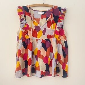 THML NWOT Bold Abstract Print Sleeveless Flutter Sleeve Boho Tassel Blouse
